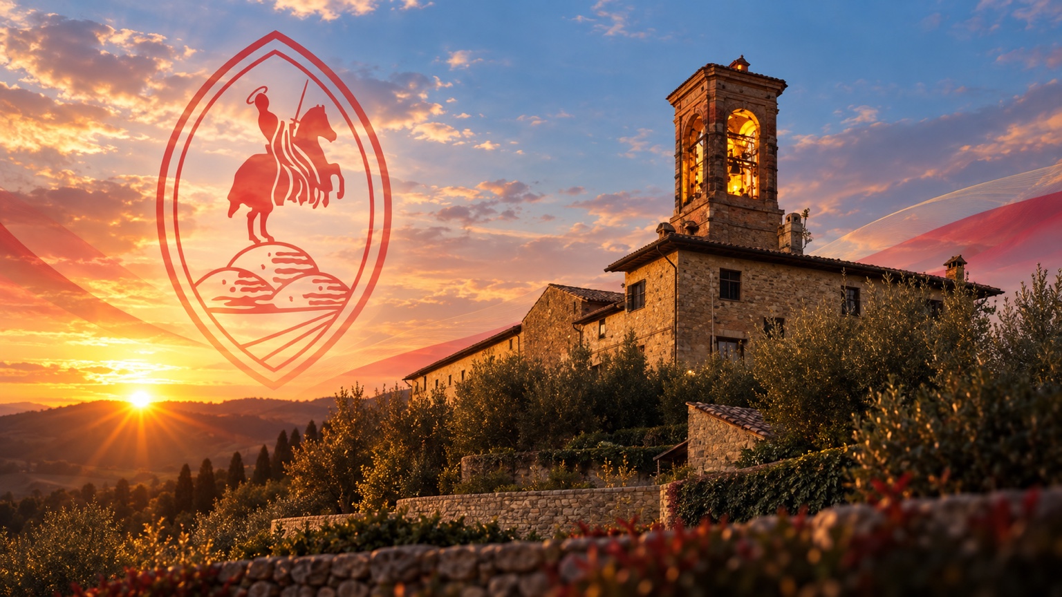 San Martino dei Colli al tramonto con lo stemma del paese